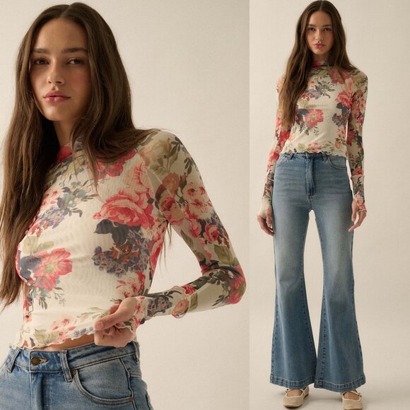 Promesa Tops - Suzanne Floral-Print Mesh Mock-Neck Thumbhole Top | Womens Fall and Winter Shirt
